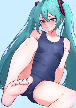 1girl :3 absurdres aqua_eyes aqua_hair aqua_nails arm_tattoo armpit_crease barefoot big_hair blue_background blue_one-piece_swimsuit blush breasts cameltoe closed_mouth collarbone feet foot_focus foot_out_of_frame foreshortening hair_between_eyes hair_ornament hatsune_miku highres knee_up long_hair looking_at_viewer marubanu nail_polish one-piece_swimsuit presenting_foot school_swimsuit sidelocks signature simple_background sitting small_breasts soles solo swimsuit tattoo toenail_polish toenails toes twintails very_long_hair vocaloid
