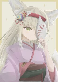1girl animal_ears arknights blonde_hair commentary fox_ears fox_girl fox_tail green_eyes hair_ornament hairband holding japanese_clothes kimono long_hair mask obi official_alternate_costume pink_kimono red_hairband sash solo suzuran_(arknights) suzuran_(yukibare)_(arknights) tail tsunomikan