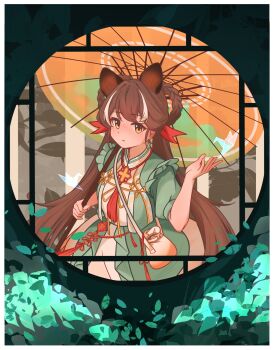 1girl arknights blush braid brown_hair commentary_request dress green_dress hair_ribbon hand_up highres holding holding_umbrella honeyberry_(arknights) honeyberry_(saturated_within_rain)_(arknights) lattice leaf long_hair mu_lin_di official_alternate_costume oil-paper_umbrella origami paper_crane possum_ears possum_girl red_ribbon ribbon solo twintails umbrella white_dress window yellow_eyes