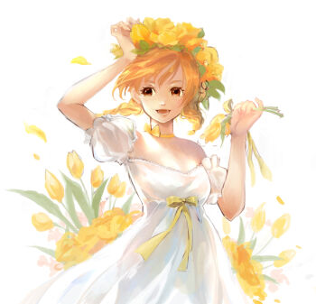 Rule 34 | 1girl, blonde hair, bow, braid, braided twintails, brown eyes, commentary request, cowboy shot, dress, flower, gobaku no hito, head wreath, holding, holding flower, looking at viewer, off-shoulder dress, off shoulder, open mouth, original, simple background, smile, solo, white background, white dress, yellow bow, yellow flower