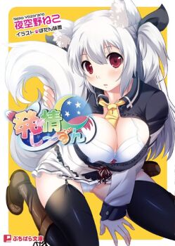 Rule 34 | 1girl, animal ears, artist request, blush, breasts, character request, cleavage, cover, cover page, female focus, hatsujou season, kneeling, long hair, looking at viewer, official art, open m/, panties, pantyshot, red eyes, silver hair, solo, straight hair, tagme, tail, underwear