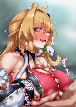 Rule 34 | 1boy, 1girl, @ @, ahoge, bare shoulders, blonde hair, breasts, breasts squeezed together, byoushitsu 403, censored, chalky (zenless zone zero), cissia (zenless zone zero), collarbone, commentary request, detached sleeves, erection, fangs, flying sweatdrops, hair ornament, head out of frame, heart, hetero, highres, large breasts, long hair, metal wrist cuffs, mosaic censoring, motion lines, open mouth, paid reward available, paizuri, paizuri under clothes, penis, pom pom (clothes), pom pom hair ornament, red eyes, snake, sound effects, sweat, translation request, white snake, zenless zone zero