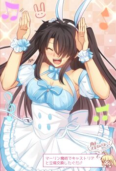 2girls animal_ears artoria_caster_(fate) artoria_caster_(swimsuit_berserker)_(second_ascension)_(fate) artoria_caster_(swimsuit_berserker)_(second_ascension)_(fate)_(cosplay) artoria_pendragon_(fate) black_hair blonde_hair blue_bow blue_dress blush bow breasts cosplay dress fake_animal_ears fate/grand_order fate_(series) fujimaru_ritsuka_(male) gd_img genderswap genderswap_(mtf) highres long_hair multicolored_dress multiple_girls musical_note signature translation_request twintails white_dress