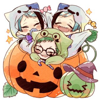 3boys arms_up black-framed_eyewear blue_hair blush bow brothers candy candy_cane commentary_request facial_mark floyd_leech food ghost_costume glasses green_hair halloween halloween_costume hat holding holding_candy holding_candy_cane holding_food hood hood_up jack-o&#039;-lantern jade_leech lollipop male_focus multicolored_hair multiple_boys open_mouth purple_bow sharp_teeth short_hair siblings simple_background smile streaked_hair swirl_lollipop teeth trey_clover twins twisted_wonderland white_background witch_hat yoki1170