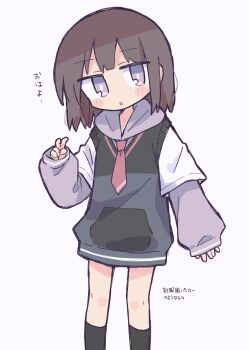 1girl :o black_hoodie black_socks blush bright_pupils brown_hair commentary_request feet_out_of_frame hand_up highres hood hood_down hoodie long_sleeves looking_at_viewer necktie open_mouth original purple_eyes red_necktie richard_(richaball) short_hair simple_background socks solo standing v white_background white_pupils