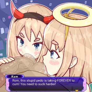 1boy 2girls age_difference blonde_hair blue_eyes blush_stickers calamity33 choujigen_game_neptune cooperative_fellatio demon_horns dialogue_box english_text fake_halo fake_horns fellatio halo horns licking licking_penis loli multiple_girls neptune_(series) oral penis profile ram_(neptunia) red_horns rom_(neptunia) saliva saliva_trail sidelocks teamwork_(sexual) testicles tongue tongue_out uncensored veins veiny_penis