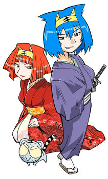 2girls amu_ru animal_ear_headphones animal_ears aqua_hair benga_ru black_outline black_tail blue_kimono blue_sleeves blunt_bangs blunt_ends bob_cut breasts brown_eyes closed_mouth colored_sclera cub fake_animal_ears floral_print_sash full_body furisode grey_fur grey_sash grey_tail grin han'eri hand_in_clothes hand_on_lap headband headphones japanese_clothes katana kimono large_breasts lipstick long_sleeves looking_at_viewer makeup mature_female mukku_(mook-tv) multiple_girls no_pupils obi obiage official_art orange_hair orange_sash outline parted_hair red_kimono red_lips red_sleeves sandals sash second-party_source shiro_kotora siblings simple_background sisters sitting smile socks spiked_hair standing straight_hair striped_fur striped_tail sword tabi tail tiger tiger_ears tora_da_yo. toranoana triple_horizontal_stripe two-tone_sash weapon white_background white_sash white_socks wide_sleeves yellow_headband yellow_sclera zouri