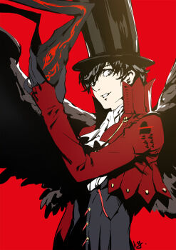 10s 1boy amamiya_ren arsene_(persona_5) arsene_(persona_5)_(cosplay) black_hair club3 cosplay gloves hat highres joker_(persona_5) looking_at_viewer male_focus mask official_style persona persona_5 short_hair smile solo top_hat wings