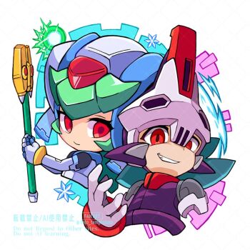 1boy 1girl armor brother_and_sister chibi fins forehead_jewel head_fins helmet holding holding_staff mega_man_(series) mega_man_zx mega_man_zx_advent model_w_(mega_man) pandora_(mega_man) prometheus_(mega_man) purple_armor red_eyes siblings simple_background skull-shaped_hat staff teto_(y3832) upper_body white_armor white_background white_helmet