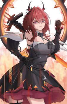 1girl absurdres arknights arknights:_endfield arm_strap arm_up black_dress black_gloves black_sleeves breasts cleavage commentary cowboy_shot detached_sleeves dress energy gloves hair_between_eyes hair_intakes hand_on_own_hip highres horns laevatain_(arknights) long_hair long_sleeves medium_breasts purple_eyes red_hair secret1122 solo standing surtr_(arknights) sword sword_on_back weapon weapon_on_back