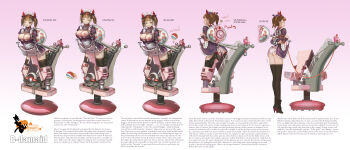 1girl absurdres ankle_boots arms_behind_back arrow_(symbol) bdsm black_thighhighs bondage boots bound bow bow_panties box_tie breasts breasts_out brown_eyes brown_hair cleavage_cutout closed_eyes clothes_lift clothing_cutout collar crying crying_with_eyes_open dress dress_lift english_text engrish_text fake_horns full_body gradient_background hard-translated high_heels highres horns lamb_(artist) large_breasts leaning_forward looking_at_viewer looking_back machine machinery maid maid_headdress matching_hair/eyes mole mole_under_eye multiple_views nipple_slip nipples no_bra one_eye_closed panties pussy_juice pussy_juice_trail ranguage rope short_hair simple_background standing tears text_focus thighhighs third-party_edit translated trembling twintails typo underwear wooden_horse