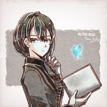 1girl alter_ego_(game) ascot black_hair blue_butterfly book braid braided_ponytail bug butterfly collared_jacket commentary english_commentary es_(alter_ego) gloves grey_ascot grey_eyes grey_jacket hand_in_own_hair hands_in_own_hair holding holding_book holding_own_hair insect jacket looking_back mizune02 open_clothes open_jacket ponytail solo white_background white_gloves