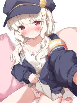 1girl :> aoba_(blue_archive) armband blonde_hair blue_archive blue_hat blush bow bow_camisole bow_panties breasts cameltoe camisole closed_mouth clothes_lift collarbone commentary feet fluffy_hair grey_skirt hair_ornament hairclip hat highres jacket jacket_partially_removed long_hair long_sleeves looking_at_viewer low_twintails mayu_next1222 newsboy_cap open_clothes open_jacket orange_armband panties peaked_cap pillow pink_panties red_eyes selfie sitting skirt skirt_lift soles solo sweatdrop toes twintails underwear white_background white_camisole white_panties
