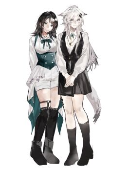 2girls absurdres animal_ears arknights bang_dream! bang_dream!_it&#039;s_mygo!!!!! black_dress black_hair black_socks blue_corset blue_eyes breasts closed_mouth corset dress feiyu30903448 full_body garter_straps grey_eyes hair_ornament hairclip highres jewelry lappland_(arknights) long_hair medium_breasts medium_hair multiple_girls necklace over-kneehighs parallel_hairclips pink_hair scar scar_across_eye scar_on_face shirt shorts simple_background socks tail thighhighs white_background white_hair white_shirt white_shorts wolf_ears wolf_tail yahata_umiri
