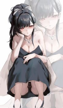 1girl bare_shoulders bead_necklace beads black_dress black_hair black_panties black_shoes blue_archive bow breasts bright_pupils cleavage closed_mouth commentary corrupted_twitter_file dress earrings hair_between_eyes hair_bow hair_ornament hairclip head_rest high_heels highres hoop_earrings jewelry large_breasts long_hair looking_at_viewer n1n1 necklace official_alternate_costume panties ponytail pumps red_eyes ringed_eyes rio_(blue_archive) rio_(dress)_(blue_archive) shawl shoes solo squatting strapless strapless_dress underwear white_bow white_pupils zoom_layer