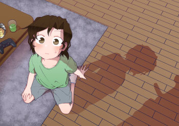 2boys bag_of_chips black_hair blush controller cup dualshock game_controller gamepad green_shorts highres looking_up male_focus multiple_boys original penis_shadow playstation_controller shadow shorts shota sitting socks solo_focus sweatdrop wariza yamii_(yame83) yaoi