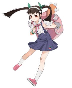 1girl absurdres anomarasu backpack bag black_hair flat_chest full_body hachikuji_mayoi highres long_hair looking_at_viewer monogatari_(series) red_eyes skirt smile socks solo suspender_skirt suspenders twintails