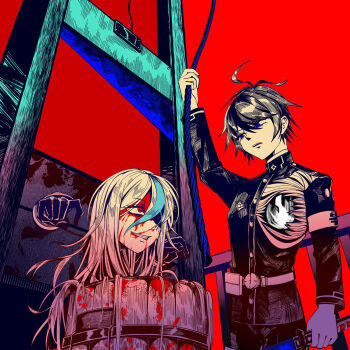 1boy 1girl ahoge armband black_gloves black_streaks blood blood_splatter blue_eyes blue_streaks commentary execution facial_mark gakuran gloves guillotine highres holding holding_sword holding_weapon imminent_death jacket kneeling lakujox last_defense_academy_school_uniform long_hair multicolored_hair peril pillory red_background red_eyes school_uniform short_hair smile streaked_hair sumino_takumi sword the_hundred_line_-last_defense_academy- v'ehxness weapon white_armband white_hair