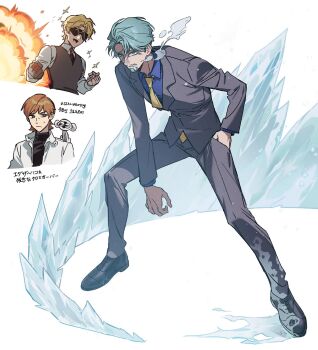 3boys animal animal_on_shoulder beard border brown_hair challia_bull char_aznable collared_shirt commentary_request cosplay costume_switch explosion facial_hair formal_clothes green_eyes green_hair gundam gundam_gquuuuuux hand_in_pocket highres ice jacket kekkai_sensen kitsune_(ly_howe) korean_commentary korean_text long_sleeves male_focus mixed-language_text monkey multiple_boys mustache necktie open_mouth parody shirt short_hair simple_background smile sonic_speed_monkey steven_a._starphase steven_a._starphase_(cosplay) suit sunglasses sweatdrop translation_request turtleneck vest white_border xavier_olivette