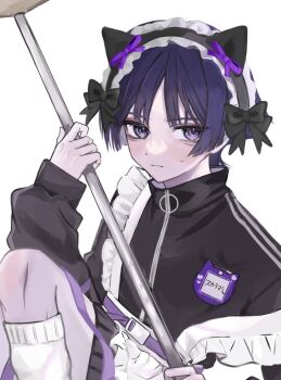 1boy alternate_costume animal_ear_hairband animal_ears apron bags_under_eyes belt black_hairband black_sleeves black_track_suit blunt_ends buckle closed_mouth clothing_request eyeliner eyeshadow fake_animal_ears frilled_apron frilled_hairband frills full-length_zipper genshin_impact hairband highres holding holding_mop knee_up kneehighs lolita_hairband long_sleeves looking_at_viewer maid maid_apron makeup male_focus mop parted_bangs purple_belt purple_eyes purple_hair red_eyeliner red_eyeshadow runn0524 scaramouche_(genshin_impact) shirt sleeves_past_wrists socks solo strap_slip sweatdrop track_suit tsurime turtleneck turtleneck_shirt upper_body white_apron white_background white_socks white_trim zipper