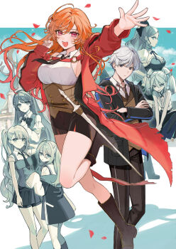 1boy 6+girls asymmetrical_footwear bare_arms bare_shoulders black_boots black_jacket black_necktie black_shorts blue_sky boots bow breasts brown_necktie brown_pants brown_vest building cloud collared_shirt commentary_request copyright_request crossed_arms day fold-over_boots frills grey_eyes grey_hair highres hood hood_down hooded_jacket jacket juliet_sleeves long_sleeves medium_breasts mismatched_footwear miyako_(xxxbibit) multiple_girls necktie novel_illustration off_shoulder official_art open_clothes open_jacket pants petals puffy_sleeves red_jacket shirt shorts sideboob sky sleeveless sleeveless_shirt sleeves_past_fingers sleeves_past_wrists tower vest white_shirt