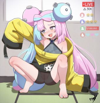 1girl @_@ absurdres bare_shoulders barefoot bike_shorts black_shorts blue_hair blue_nails blush boppin bow-shaped_hair cameltoe commission crying_emoji embarrassed emoji feet flat_chest full_body highres indoors iono_(pokemon) jacket loli long_hair long_sleeves multicolored_hair multicolored_nails nail_polish nervous_sweating nintendo open_mouth oversized_jacket paid_reward_available pink_hair pink_nails pokemon pokemon_sv purple_eyes sharp_teeth short_shorts shorts signature sleeves_past_fingers sleeves_past_wrists solo split-color_hair squatting sweat teeth toenail_polish toenails toes twintails two-tone_hair uohhhhhhhhh!_(meme) upper_teeth_only variant_set very_long_hair yellow_jacket