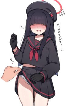 1boy 1girl absurdres black_gloves black_hair black_serafuku blue_archive blush gloves hair_over_eyes highres hime_cut justice_task_force_member_(blue_archive) loli long_hair paingumi panties school_uniform serafuku simple_background underwear white_background white_panties