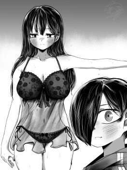 1boy 1girl ao_tanuki arm_at_side bare_arms black_panties blush boku_no_kokoro_no_yabai_yatsu bow bow_panties breasts cleavage closed_mouth collarbone commentary cowboy_shot dated_commentary foreshortening gradient_background greyscale hair_over_one_eye highres ichikawa_kyoutarou large_breasts lingerie long_hair mole mole_on_neck monochrome multiple_moles navel negligee panties ringed_eyes short_hair side-tie_panties signature spaghetti_strap string_panties underwear wide-eyed yamada_anna