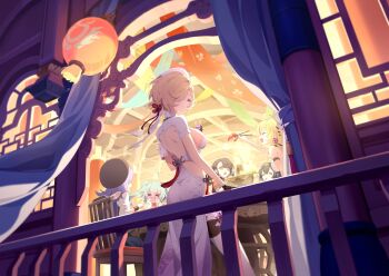 Rule 34 | > <, 6+girls, = =, ahoge, amber (stella sora), aqua hair, back, backless dress, backless outfit, beret, black hair, black hat, blonde hair, braid, breasts, china dress, chinese clothes, closed eyes, closed mouth, coronis (springseek) (stella sora), coronis (stella sora), dress, earrings, flower knot, from outside, game cg, hair ribbon, hat, highres, iris (stella sora), jewelry, jinglin (stella sora), lantern, large breasts, long dress, long hair, looking at viewer, looking back, multiple girls, non-web source, noya (stella sora), official art, open mouth, purple eyes, purple hair, restaurant, ribbon, ribbon braid, shimiao (stella sora), short hair, sideboob, sideless dress, smile, spicy, stella sora, thighhighs, twintails, white dress, white ribbon, white thighhighs, yellow eyes