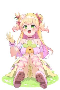 Rule 34 | 1girl, absurdres, alternate costume, arm garter, bare shoulders, blonde hair, blush, bug, butterfly, choker, commentary request, convenient skirt, crossed bangs, double bun, fishnet gloves, fishnets, flower, frilled choker, frills, gloves, gradient hair, green eyes, hair bun, hair flower, hair ornament, hair ribbon, hand up, highres, hololive, insect, knees together feet apart, long hair, looking at animal, momosuzu nene, multicolored hair, nekko (momosuzu nene), on grass, open mouth, pink flower, pink hair, pink ribbon, pink shirt, pink shoes, red choker, ribbon, shirt, shoe soles, shoes, sidelocks, simple background, sitting, sitting on lap, sitting on person, skirt, sleeveless, sleeveless shirt, smile, solo, soredmaru, virtual youtuber, white background, wristband, yellow gloves, yellow skirt