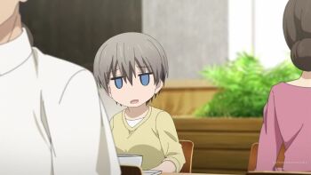 1boy 1girl adult_male angry angry_expression animated anime_screenshot audible_speech bad_tag big_breasts blue_eyes blue_shirt bouncing_breasts breasts chopsticks content_rating cup eating female huge_breasts japanese_audio japanese_dialogue japanese_language japanese_text large_breasts male message sakurai_shin&#039;ichi shirt short_female shortstack signaling silver_hair sound tagme tea_kettle uzaki-chan_wa_asobitai! uzaki_hana video wanting_cock wanting_cum white_hair