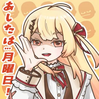 Rule 34 | ahoge, beamed eighth notes, blonde hair, brown dress, brown sailor collar, dress, eighth note, fortissimo, frilled jacket, frills, hair ornament, highres, hololive, hololive dev is, jacket, monocomfy, musical note, musical note hair ornament, one side up, otonose kanade, otonose kanade (1st costume), plaid clothes, plaid dress, red ribbon, regloss (hololive), ribbon, sailor collar, virtual youtuber, white jacket