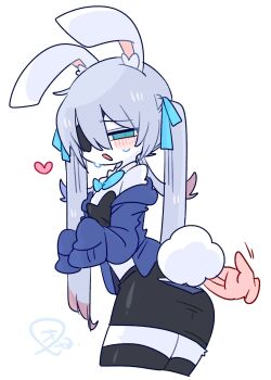 1boy animal_ear_fluff animal_ears bare_shoulders black_leotard black_skirt black_thighhighs blue_bow blue_bowtie blue_cardigan blue_eyes blue_hair blush body_fur bow bowtie cardigan colored_tips commentary cowboy_shot crossdressing crossdressing_(mtf) detached_collar disembodied_hand double-parted_bangs embarrassed eyepatch from_side furrification furry furry_male hair_between_eyes hair_bow hands_up heart highres leotard long_hair long_sleeves looking_at_viewer looking_back male_focus midriff miniskirt multicolored_hair narrowed_eyes no_nose off_shoulder one_eye_covered op_na_yarou open_cardigan open_clothes open_mouth original pencil_skirt quad_tails rabbit_boy rabbit_ears rabbit_tail raised_inner_eyebrows red_hair rigel_(op_na_yarou) sidelocks simple_background skirt sleeves_past_fingers sleeves_past_wrists solo sweat tail thighhighs trap very_long_hair watermark white_background white_fur white_hair