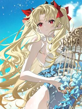 Rule 34 | 1girl, bare shoulders, birdcage, blonde hair, blue one-piece swimsuit, bow, cage, curtained hair, ereshkigal (fate), ereshkigal (swimsuit beast) (fate), fate/grand order, fate (series), groin, hair bow, highres, holding, long hair, one-piece swimsuit, parted bangs, red bow, red eyes, solo, swimsuit, two-tone swimsuit, two side up, white one-piece swimsuit, yaoshi jun