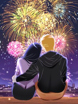 1boy 1girl black_hair black_jacket black_skirt blonde_hair bridge commentary couple fireworks from_behind hetero highres hood hooded_jacket hyuuga_hinata jacket jengxart long_hair naruto_(series) night orange_pants outdoors pants purple_shirt shirt short_hair sitting skirt symbol-only_commentary uzumaki_naruto