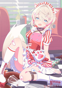 1girl absurdres alternate_costume animal_collar animal_ear_fluff animal_ears arm_support bag bandaid bandaid_hair_ornament bandaid_on_knee bandaid_on_leg belt_collar blonde_hair blue_eyes blush boots bottle breasts buttons checkered_floor clumsy collar commentary_request criss-cross_halter crossed_bangs crying crying_with_eyes_open diner dog_ears dog_girl dog_tail double-breasted double-parted_bangs fang full_body hair_between_eyes hair_intakes hair_ornament halterneck handbag high-waist_skirt highres hinata_hirune hololive hololive_english indoors kneehighs legwear_garter looking_at_viewer maid_headdress mococo_abyssgard multicolored_hair pink_hair red_skirt roller_skates short_hair signature skates skin_fang skirt small_breasts socks soda_bottle solo spill streaked_hair striped_clothes striped_skirt tail tearing_up tears two_side_up underbust vertical-striped_clothes vertical-striped_skirt vertical-striped_sleeves virtual_youtuber waitress white_boots white_skirt white_socks x_hair_ornament