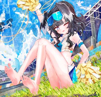 1girl :d ;d a1u absurdres animal_ears arm_up barefoot black_hair blue_archive blue_eyes blue_skirt blue_sports_bra breasts cheerleader commentary_request dog_ears dog_girl dog_tail drone feet goggles goggles_on_head grass halo hibiki_(blue_archive) hibiki_(cheer_squad)_(blue_archive) highres holding holding_pom_poms knees_up looking_at_viewer millennium_cheerleader_outfit_(blue_archive) miniskirt official_alternate_costume on_ground one_eye_closed open_mouth outdoors panties pom_pom_(cheerleading) pom_poms revision sitting skirt small_breasts smile soles solo sports_bra stadium tail toes underwear white_panties yellow_halo
