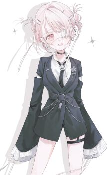 1girl absurdres belt black_belt black_choker black_jacket black_necktie black_shorts blush choker collared_shirt commentary double_bun earclip earrings eyepatch hair_bun hair_ornament hair_ribbon hairclip highres jacket jewelry long_sleeves looking_at_viewer necktie nijisanji o-ring o-ring_necktie one_eye_covered open_mouth pink_eyes pink_hair ribbon sanou shiina_yuika shiina_yuika_(14th_costume) shirt shorts sleeves_past_fingers sleeves_past_wrists smile solo teeth thigh_strap thighs upper_teeth_only virtual_youtuber white_background white_ribbon white_shirt