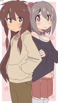 2boys :/ artist_name bambi2000line bare_shoulders black_shirt blush brown_collar brown_eyes brown_hair collar commentary cowboy_shot crossdressing crossdressing_(mtf) crossed_arms drawstring grey_hair hair_between_eyes hair_bobbles hair_ornament hands_in_pockets heart highres long_hair long_sleeves looking_at_viewer midriff multiple_boys multiple_traps navel off-shoulder_shirt off_shoulder one_side_up onii-chan_wa_oshimai! pants pink_background pleated_skirt red_skirt sakurada_yuuta senkawa_minato shirt short_hair sidelocks simple_background skirt sleeves_past_wrists studded_collar thighhighs trap white_thighhighs zettai_ryouiki