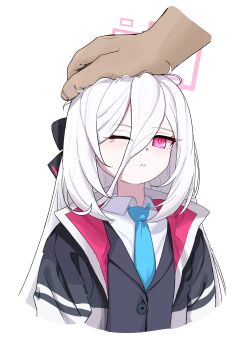 1boy 1girl absurdres bigmt_kid blue_archive blue_necktie commentary_request hair_between_eyes headpat highres kei_(blue_archive) kei_(new_body)_(blue_archive) long_hair necktie one_eye_closed petting pink_eyes shirt simple_background solo_focus white_background white_hair white_shirt