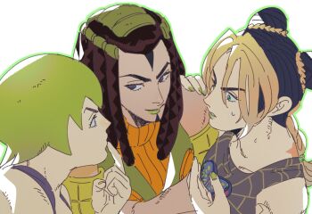 3girls arm_up black_hair black_tank_top blonde_hair blue_eyes braid commentary double_bun dreadlocks ermes_costello eyelashes facial_mark finger_to_mouth fingernails foo_fighters_(jojo) green_hair green_lips green_nails hair_bun jojo_no_kimyou_na_bouken kuujou_jolyne lips lipstick looking_at_another looking_to_the_side makeup medium_hair multicolored_hair multiple_girls nail_polish short_hair single_braid spider_web_print stone_ocean sweatdrop tank_top tirauraja two-tone_hair white_background