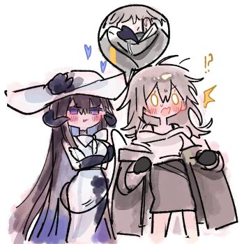 2girls black_hair blush bow colored_inner_hair commentary constance_(honkai:_star_rail) demon_horns demon_tail dress english_commentary flower gloves grey_hair hat hat_flower highres honkai:_star_rail honkai_(series) horns long_hair multicolored_hair multiple_girls off_shoulder purple_eyes shirt skirt stelle_(honkai:_star_rail) tail teasing trailblazer_(honkai:_star_rail) umialterego very_long_hair yuri