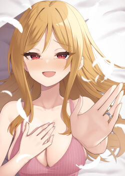 Rule 34 | 1girl, bed sheet, binsen, blush, breasts, collarbone, commentary request, falling feathers, feathers, fingernails, happy tears, highres, idolmaster, idolmaster million live!, jewelry, long hair, looking at viewer, lying, momose rio, on back, on bed, open mouth, pink tank top, red eyes, ring, solo, tank top, tears, upper body, white feathers