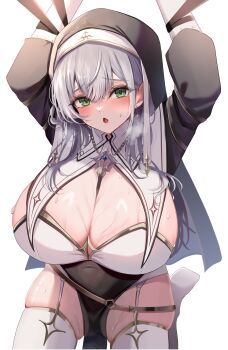 Rule 34 | 1girl, absurdres, arms up, black hat, blush, breast curtains, breasts, cleavage, commentary request, covered navel, garter straps, green eyes, grey hair, hat, highres, hinoki kahun0, hololive, huge breasts, jewelry, kneeling, long hair, looking at viewer, looking up, necklace, nun, official alternate costume, official alternate hairstyle, open mouth, pelvic curtain, restrained, shiny skin, shirogane noel, shirogane noel (battle nun), skindentation, solo, sweat, thighhighs, virtual youtuber, white background, white garter straps, white thighhighs