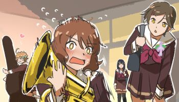 Rule 34 | > <, 4girls, bag, black hair, black thighhighs, bow, brown hair, euphonium, fluffy hair, flying sweatdrops, fuyuhino, hair bow, hair ornament, hairclip, heart, hibike! euphonium, holding, holding instrument, instrument, instrument case, katou hazuki, kawashima sapphire, kousaka reina, leaning forward, long hair, medium hair, multiple girls, oumae kumiko, school uniform, short hair, shoulder bag, sketch, surprised, thighhighs, wide-eyed, yellow eyes, zettai ryouiki