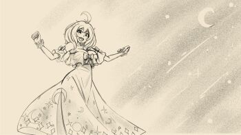 Rule 34 | 1girl, ahoge, breasts, cleavage, crescent moon, dress, feet out of frame, highres, insomnia-chan, kay yu, large breasts, looking at viewer, medium hair, moon, moon print, non-web source, open mouth, original, sleeveless, sleeveless dress, smile, solo, star (sky)