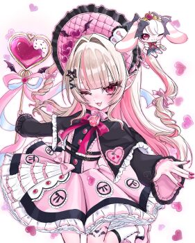 Rule 34 | 1girl, ;3, ankle strap, belt, black belt, black bow, black capelet, black ribbon, black sleeves, blunt bangs, blush, bonnet, bow, brooch, buttons, capelet, chinstrap, colored inner hair, dress, drill hair, fangs, foot out of frame, footwear bow, frilled bonnet, frilled capelet, frilled dress, frilled sleeves, frills, grey hair, hair intakes, hair ribbon, heart, heart background, heart brooch, heart wand, highres, holding, holding wand, jewelry, kawahagi o, long hair, long sleeves, looking at viewer, magical girl, makaino ririmu, mascot, multicolored hair, multiple belts, nail polish, neck ribbon, nijisanji, official alternate costume, official alternate hairstyle, one eye closed, open mouth, petticoat, pink bow, pink dress, pink hair, pink nails, pink ribbon, pink shoes, pink streaks, platform shoes, pointy ears, puffy long sleeves, puffy sleeves, red eyes, red ribbon, ribbon, shoes, sidelocks, smile, socks, solo, sparkling eyes, standing, standing on one leg, streaked hair, symbol-shaped pupils, two-tone hair, two side up, virtual youtuber, wand, white background, white ribbon, white socks, winged heart, winged wand