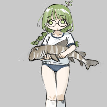 1girl animal braid catshark choppy_bangs feet_out_of_frame fish glasses green_eyes green_hair grey_background highres holding holding_animal holding_fish original parted_lips plant_on_head school_uniform solo sports_panties sprout sprout_on_head thighs tsukumizu_yuu twin_braids
