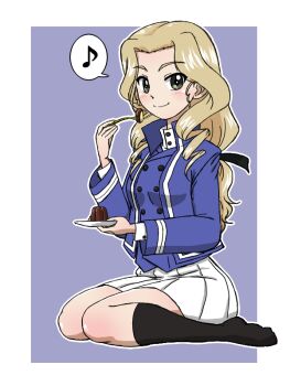 Rule 34 | 1girl, bc freedom military uniform, black eyes, black ribbon, black socks, blonde hair, blue background, blue jacket, curly hair, fork, girls und panzer, girls und panzer saishuushou, hair ribbon, holding, holding fork, holding plate, jacket, looking at viewer, miniskirt, musical note, plate, pleated skirt, ribbon, shirt, shoes, sitting, sitting on lap, sitting on person, skirt, smile, socks, sofue (girls und panzer), speech bubble, takahashi kurage, unworn shoes, white shirt, white skirt