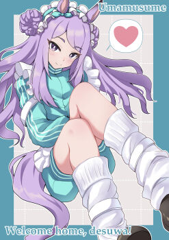 1girl absurdres alternate_costume animal_ears apron blue_headdress blue_jacket blue_shorts blush closed_mouth double_bun frilled_apron frills hair_bun headdress heart highres horse_ears horse_girl horse_tail jacket jersey_maid long_hair long_sleeves looking_at_viewer loose_socks maid maid_apron maid_headdress mejiro_mcqueen_(umamusume) purple_eyes purple_hair shorts shoutoro smile socks solo speech_bubble spoken_heart tail track_jacket umamusume unconventional_maid waist_apron white_apron white_headdress white_socks